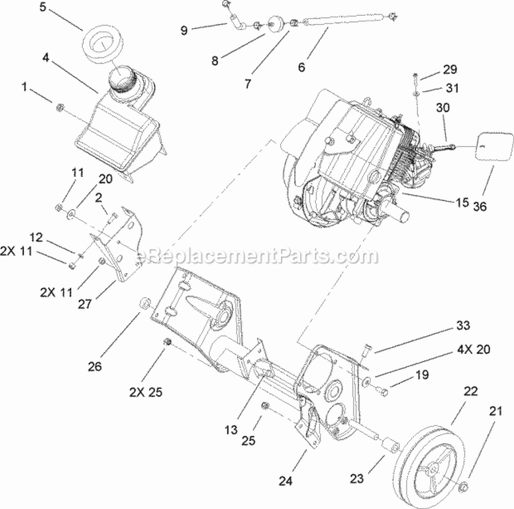 Engine, Gas Tank & Frame Assembly Diagram and Parts List for 33005 270000001-270999999 - 2007 Lawn Boy Snow Blower